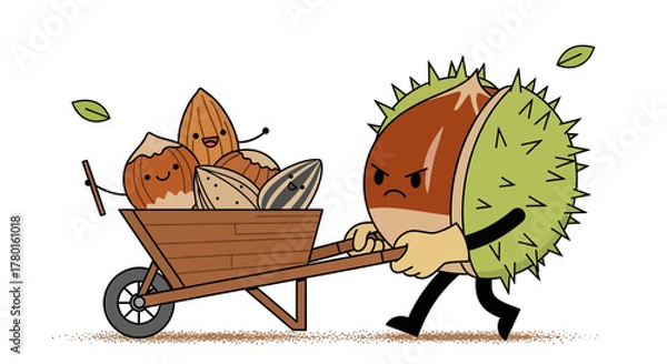 Obraz A Wheelbarrow Full Of Nuts Is Happily Pushed By A Chestnuts Against A White Background