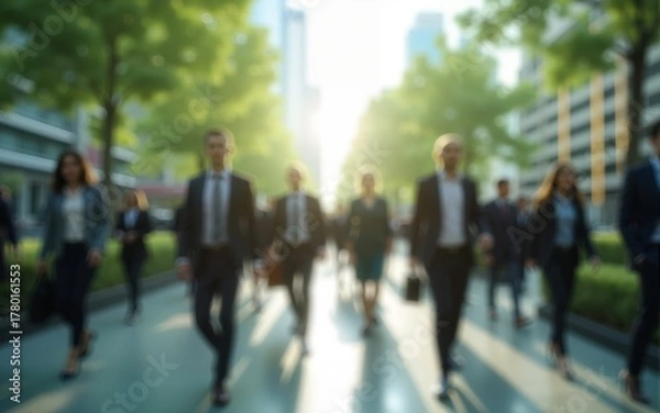 Fototapeta The concept of sustainability in business centers, crowds of business people walking at a corporate office in a green city downtown, abstract motion blur image with blurred background, generative AI
