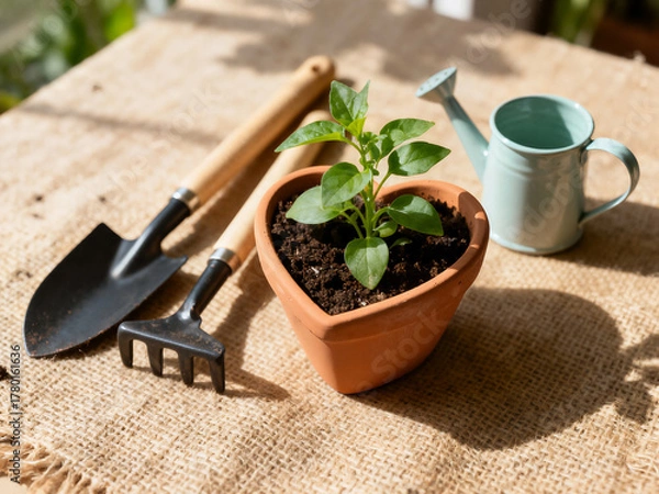 Obraz A small green seedling is planted in a terracotta heart-shaped pot next to a trowel, rake, and watering can, bathed in warm sunlight on a burlap surface.