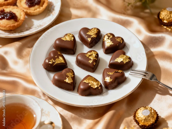 Fototapeta Nine heart-shaped dark chocolates topped with edible gold flakes are elegantly arranged on a white plate, set on a luxurious golden satin tablecloth for a gourmet dessert.