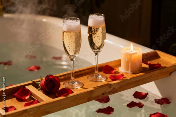 Fototapeta Two glasses of champagne and a lit candle sit on a wooden bath caddy with a red rose and petals, creating a luxurious and romantic atmosphere in a steamy bathtub.