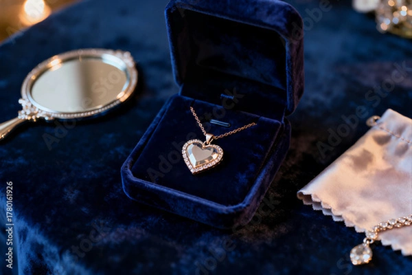 Fototapeta A stunning heart-shaped diamond pendant necklace is displayed inside an open dark blue velvet jewelry box, placed on a luxurious velvet surface, suggesting a proposal or gift.