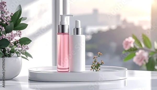 Fototapeta Elegant Skincare Product Display with Floral Accents and Natural Light.