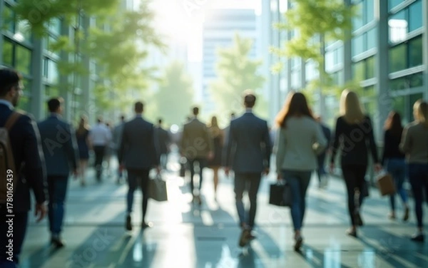 Fototapeta The concept of sustainability in business centers, crowds of business people walking at a corporate office in a green city downtown, abstract motion blur image with blurred background,. High quality