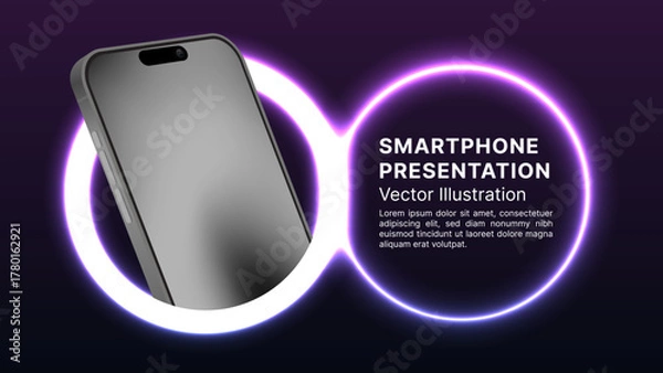 Fototapeta 3D Realistic Smartphone Mockup with Neon Glow Rings – Futuristic Mobile Phone Vector Illustration for Technology, App, Banner, Leaflet, Cover, and Website Design