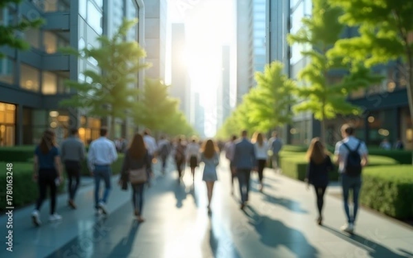 Fototapeta Sustainability in business center concept, business people crowd walking at corporate office in green city downtown, Abstract motion blur image, blurred background, Generative AI. High quality