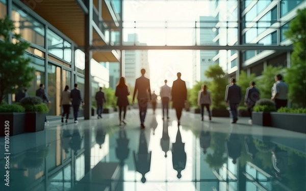 Fototapeta Sustainability in business center concept, business people crowd walking at corporate office in green city downtown, Abstract motion blur image, blurred background, Generative AI. High quality