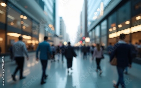 Fototapeta abstract motion blur image of business people crowd walking at corporate office in city downtown, blurred background, business center concept, Cinematic color tone, Generative AI. High quality