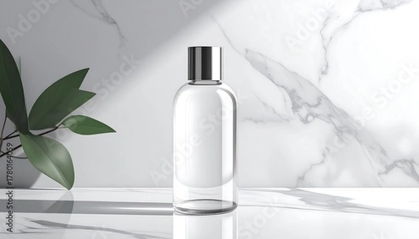 Fototapeta Elegant Clear Bottle Mockup on Marble Surface with Plant.