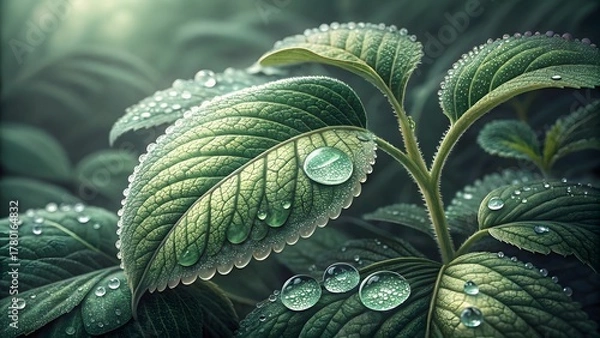 Obraz Dew Drops Lush Green Leaves Macro Photography Sparkling