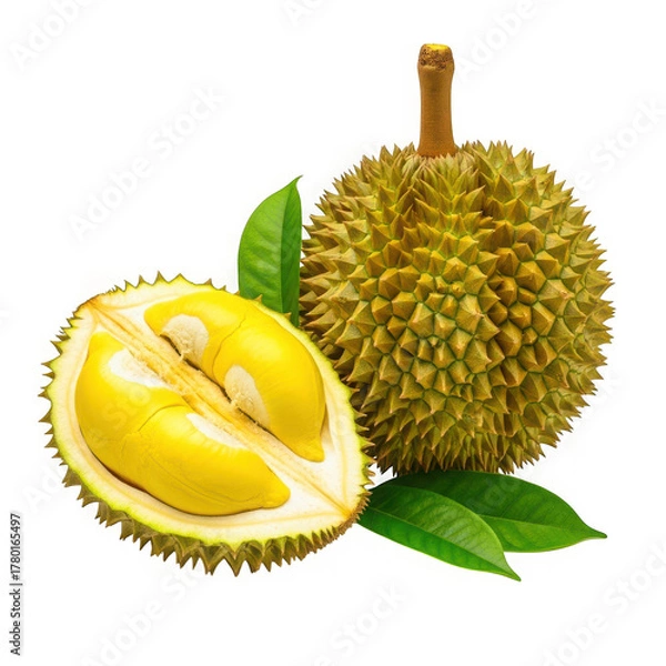 Fototapeta Durian fruit with green leaves isolated on transparent background