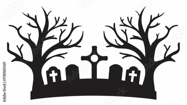 Obraz Eerie graveyard silhouette with bare trees and tombstones, perfect for Halloween decorations and spooky season designs, a chilling graphic resource