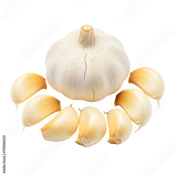 Fototapeta Garlic bulb and cloves isolated on transparent background, ready for cooking