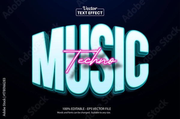 Fototapeta Glowing Music techno neon light, Editable Graphic Style text effect