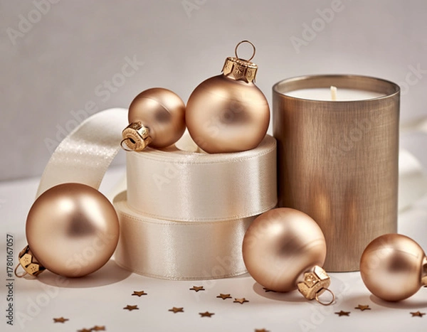 Fototapeta Golden christmas ornaments and candle arranged with ribbon on a white surface, creating a festive and elegant holiday scene.