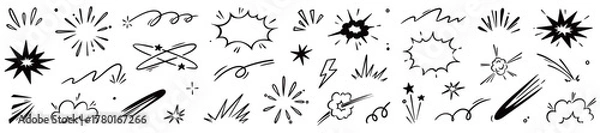 Fototapeta Comic cartoon line explosive effect, speed burst motion element set. Comic boom burst, explosive smoke, line speed cartoon element icon. Hand drawn sketch action boom effect. Vector illustration