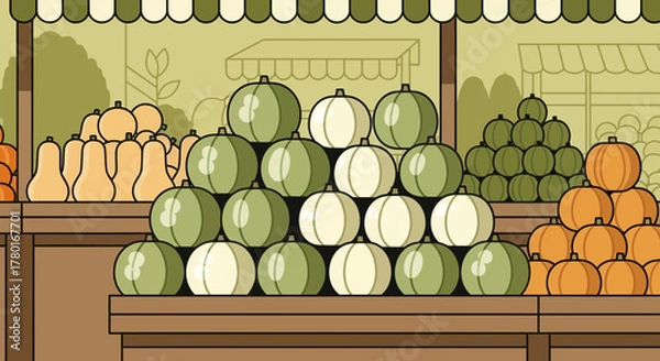 Fototapeta Abundant Seasonal Produce Display At A Farmers Market With Variations Of Pumpkins