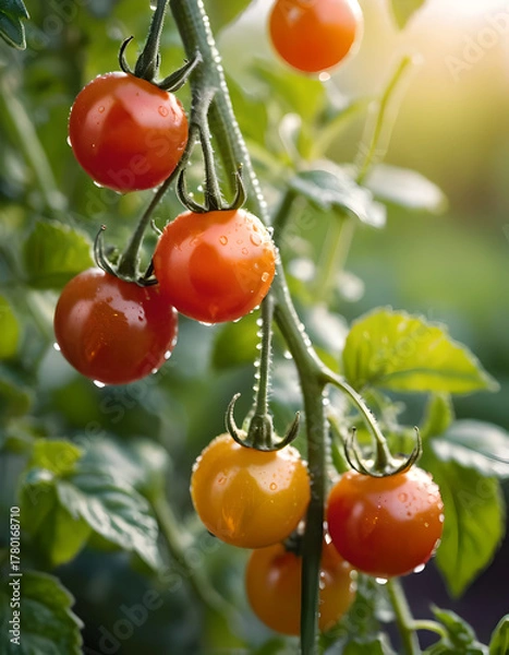 Fototapeta Fresh Ripe Cherry Tomatoes on the Vine with Dew Drops