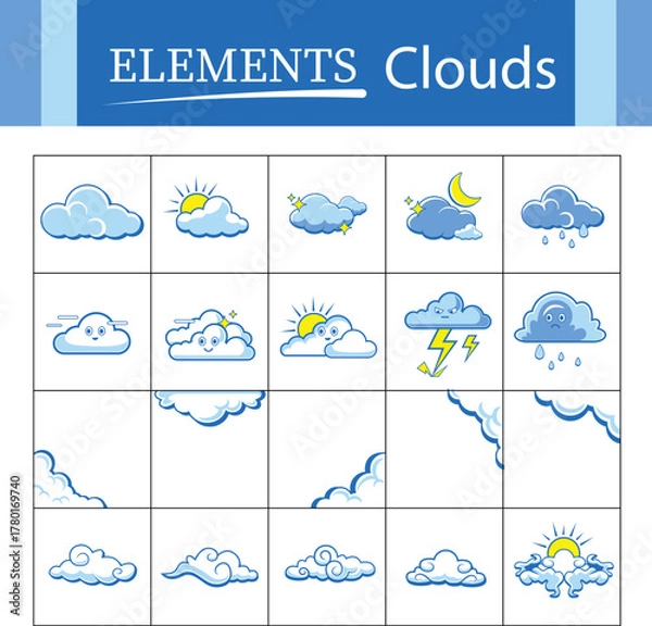 Obraz Cute Weather Cloud Icons – Cartoon Sky Vector Elements Set
