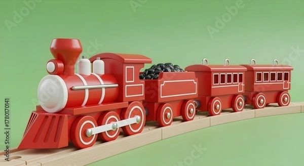 Fototapeta A classic red and white wooden toy train on a track, against a bright green background, playful and clean