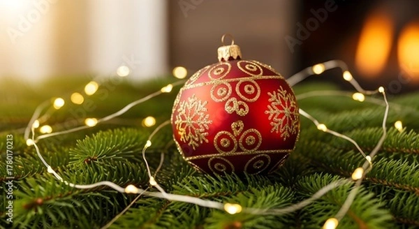 Fototapeta A cozy still life of a single red Christmas ornament with a delicate gold pattern, resting on a bed of fresh pine branches and fairy lights. Warm, festive lighting