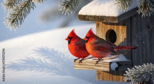 Fototapeta Photorealistic close-up of a pair of vibrant red Northern Cardinals perched on a rustic, snow-laden wooden birdhouse. Soft, early morning winter light with long shadows on fresh, snow.