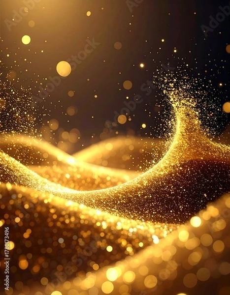 Fototapeta Golden, swirling particles creating a glittering, abstract landscape
