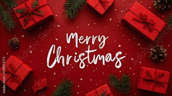 Fototapeta Merry Christmas greeting with red gift boxes and fir branches on a vibrant background