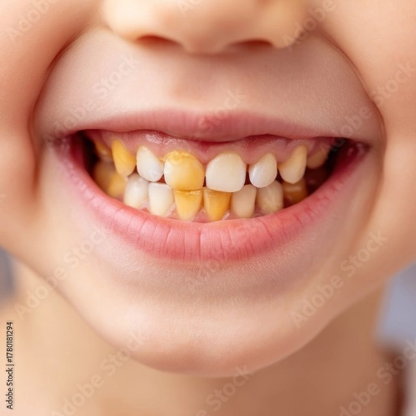 Obraz Childs smile showing stained teeth and mouth