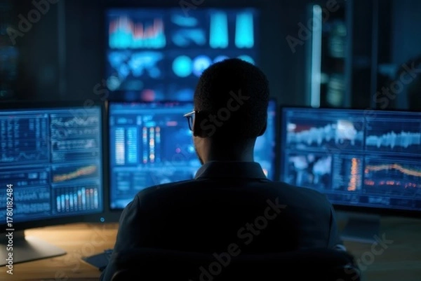 Obraz Person analyzing data on computer screens