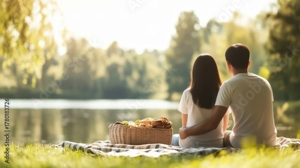 Fototapeta Young asian couple sitting side by side on picnic blanket by tranquil lake sharing breakfast with bread basket in morning light surrounded by trees expressing romance and togetherness concept