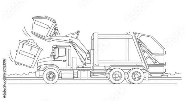 Fototapeta Garbage truck loading trash cans vector illustration for recycling concept
