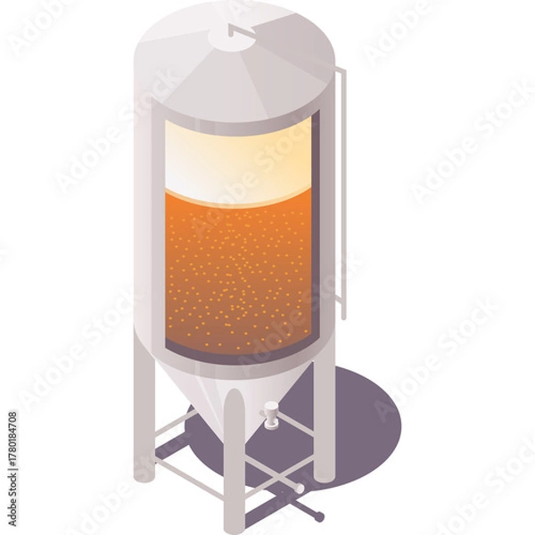 Obraz Isometric Brewery Fermentation Tank Filled With Golden Beer And Bubbles In A White Industrial Setting With A Shadow On A Transparent Background