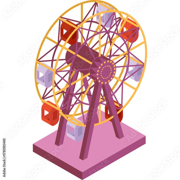 Fototapeta Isometric Ferris Wheel Amusement Park Ride With Colorful Gondolas In A Flat Design On A Pink Base And Transparent Background