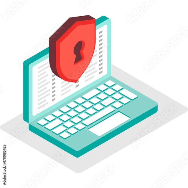 Obraz Isometric Illustration Of A Laptop Screen Protected By A Red Shield With A Keyhole Symbol Featuring A Digital Data Background And A Subtle Gray Shadow Underneath