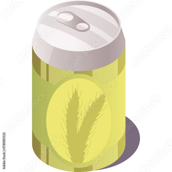 Fototapeta Isometric view of a light gold colored beverage can with a pale yellow label and a wheat graphic isolated on a white background in a studio setting