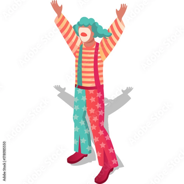 Fototapeta Joyful Clown With Colorful Outfit and Star Pattern Pants Gesturing With Raised Arms Against White Background