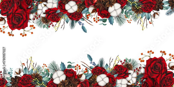 Obraz Hand drawn Christmas border with red roses, fir cones, cotton, red, blue berries. Watercolor illustration.