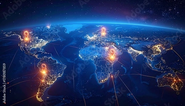 Fototapeta Illuminated globe at night with glowing location markers depicting global connectivity. City lights sparkle, showcasing Earth's surface