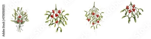 Obraz Four Watercolor Mistletoe Sprigs With Red Berries And Green Leaves Isolated Transparent Background Transparent Background