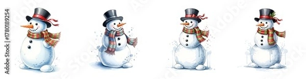 Obraz Four Whimsical Snowmen With Hats And Scarves Watercolor Style Isolated Transparent Background Isolate