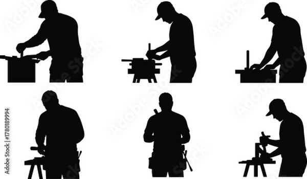 Obraz Construction carpenter worker cutting and measuring wood on job site, professional craftsmanship using tools and equipment in black silhouette illustration