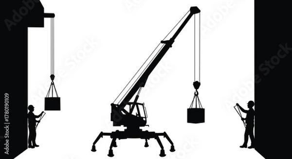 Obraz Construction crane lifting heavy materials with workers guiding load, industrial lifting operation silhouette, teamwork in building site, heavy machinery and construction safety concept