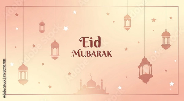 Fototapeta Elegant Eid Mubarak greeting card with hanging lanterns and mosque silhouette.