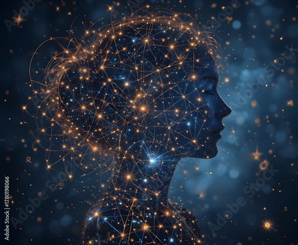 Obraz Digital silhouette of a woman made of glowing network connections, concept of AI and technology.