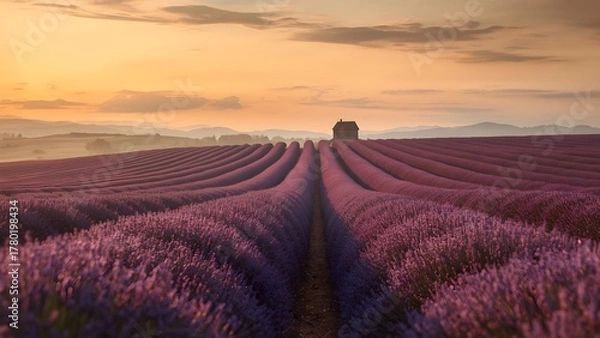 Obraz Breathtaking lavender field under golden sunset light, cinematic landscape with purple blooms, mountain view, warm colors, peaceful nature scene, ultra-realistic high-resolution photography.