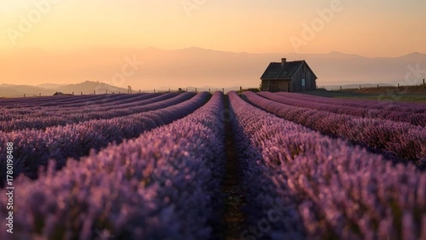 Fototapeta Breathtaking lavender field under golden sunset light, cinematic landscape with purple blooms, mountain view, warm colors, peaceful nature scene, ultra-realistic high-resolution photography.