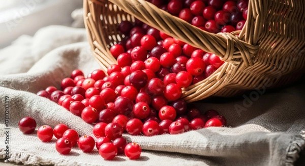 Obraz Fresh Cranberries Spilling from Rustic Wicker Basket on Linen Surface