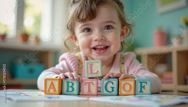 Fototapeta  Child holding alphabet blocks in soft daylight close-up