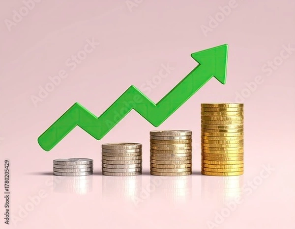 Fototapeta Coin stacks with green arrow upward, financial growth shown